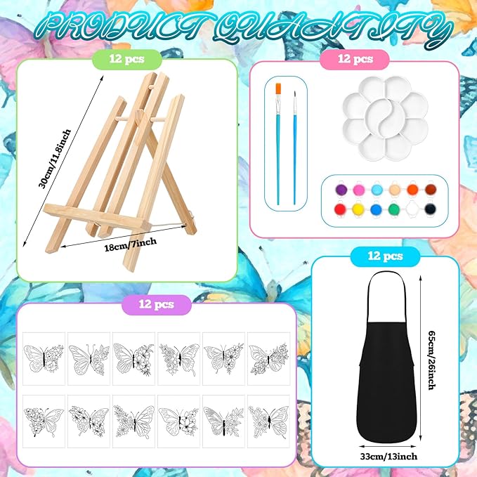 Motipuns 12 Set Pre Drawn Canvas for Painting for Adults Sip and Paint Kit with Easels 8 x 10 Inches Paint Party Kit with Printed Canvas Paints Brushes Palette Bag Apron(Butterfly Flower)