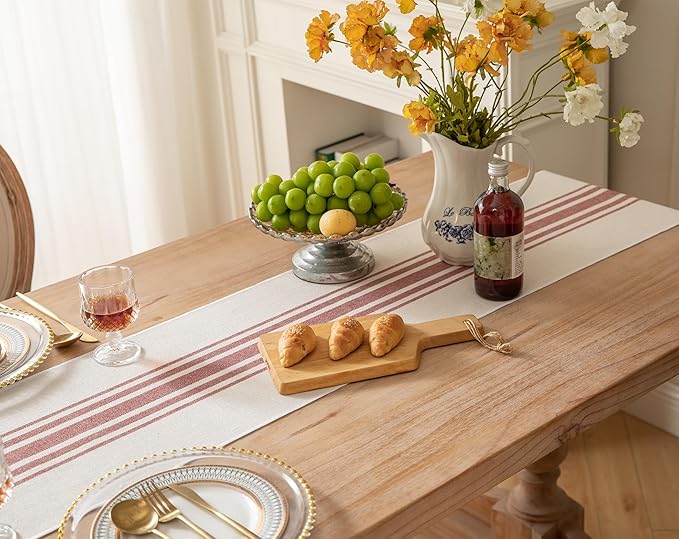 Boho Table Runner for Modern Farmhouse Fall Decor, Dining Table décor 13 x 90 Inch Long with Handcrafted Tassels, Rust and Beige Stripe Table Runner for Home Boho décor