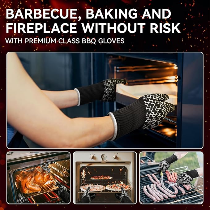 HandLove Aramid Heat Resistant BBQ Gloves – Grilling & Oven Gloves with Fingers, Silicone Grip & Long Cuffs for Cooking, Baking, and Outdoor Barbecue – Black,L