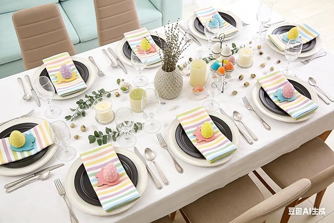 Cloth Napkins with Rings, Set of 12, 6 Stripe Napkins, 6 Wooden Napkin Rings in Buuny Shape, Easter and Spring Table Decorations,Washable Cloth Napkins,Iron Free,Easy Care, Durable,Reusable.