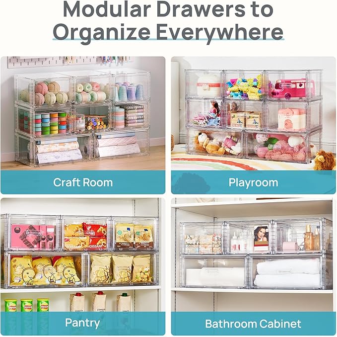 Vtopmart 3 Pack 18QT Clear Stackable Storage Drawers,Easily Assemble Closet Organizers,Plastic Storage Bins for Bathroom,Cabinet,Kitchen Pantry,Under Sink Organization(Medium)