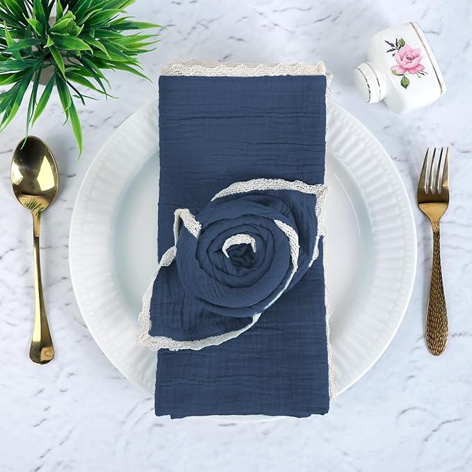 Fingercraft Dinner Cloth Napkin Cotton Muslin Double Gauze 8 Pack with Classic Lace for Everyday Use, Wedding, Party, Christmas, Easter Napkins Cloth are Pre Shrunk and Good Absorbency Stellar