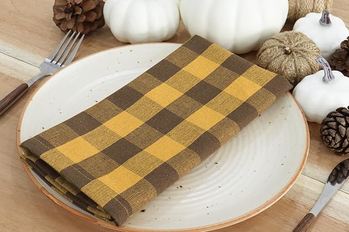 PurpleEssences Buffalo Plaid Cloth Napkins - Mitered Corners - Spring Easter Summer Gingham Check Dinner Napkin - Set of 12-100% Cotton - 18x18 Inch - Reusable Washable - Golden Yellow and Nut Brown