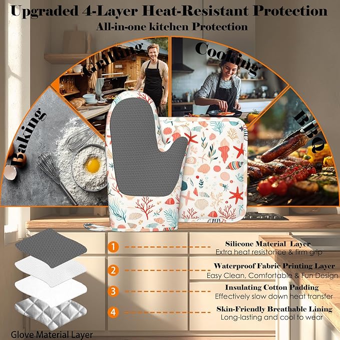 Cartoon Starfish and Shells Oven Mitts and Pot Holders Sets Silicone Kitchen Mitts Potholders Heat Resistant Oven Gloves Hot Pads for Kitchen Baking Cooking BBQ