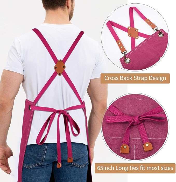 Work Aprons for Men Women with 9 Pockets Chef Apron 14oz Cotton Canvas Cross Back Aprons Heavy Duty Apron Pink Tool Apron for Woodworkers Kitchen Cooking Apron Waterproof Apron Size M to XXL