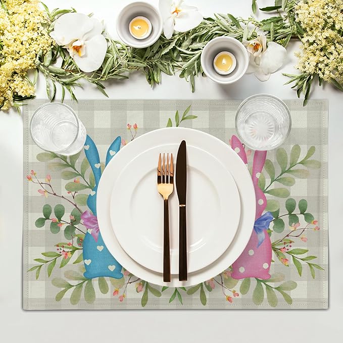 Easter Placemats Set of 4，Bunny Rabbits Green Leaves Table Kitchen Mat 12x18 Inch Floral Spring Decor Holiday Table Mats for Seasonal Party Kitchen Dining Decoration