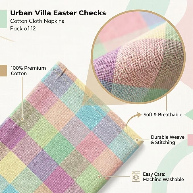 Urban Villa Cloth Napkins Set of 12 20x20 Inches 100% Cotton Napkins Cloth Washable Soft Durable Reusable Absorbent Table Dinner Napkins Cloth for Easter Decorations Restaurant Weddings-Easter Checks