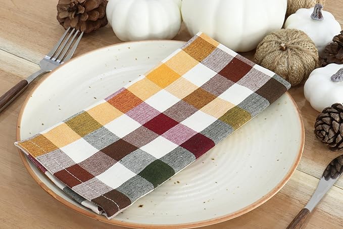 PurpleEssences Buffalo Plaid Cloth Napkins - Mitered Corners - Spring Easter Summer - Gingham Check Dinner Napkin - Set of 12-100% Cotton - 18x18 Inch - Reusable Washable - Harvest