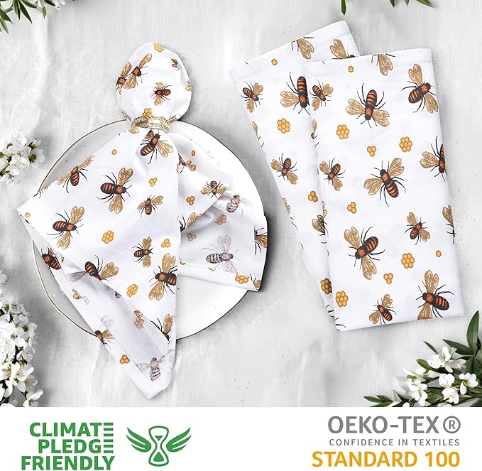 Urban Villa Cloth Napkins Honey Bee Print 100% Cotton Absorbent Dinner Napkins (Set of 6) Oversized 20x20 Inches Soft Durable Reusable Washable Ideal for Everyday Use Wedding Parties Premium Quality