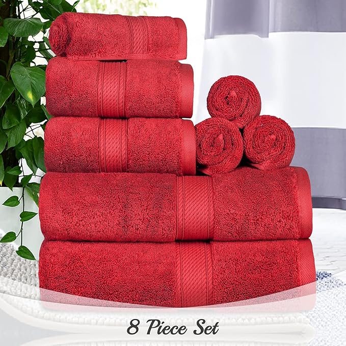 SUPERIOR Egyptian Cotton Pile 8 Piece Towel Set, Includes 2 Bath, 2 Hand, 4 Face Towels/Washcloths, Ultra Soft Luxury Towels, Thick Plush Essentials, Guest Bath, Spa, Hotel Bathroom, Red