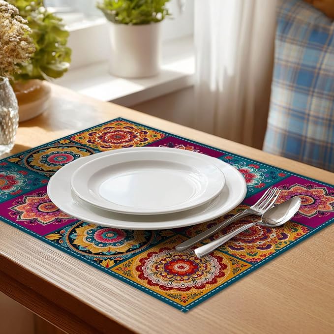 HOMETITUTE Placemats Set of 4 Linen 12x18 Inch Washable Table Mats Mandala Bohemian Style Christmas Place Mats Colorful Placemats Decorative Farmhouse Kitchen Dining Table Set
