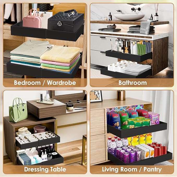 THMINS Expandable Pull Out Cabinet Organizer, 21" Deep Expandable (12.6" - 20.5") 3 Heavy Duty Slide Drawers Pull Out Drawers for Kitchen Storage Cabinet (Black)