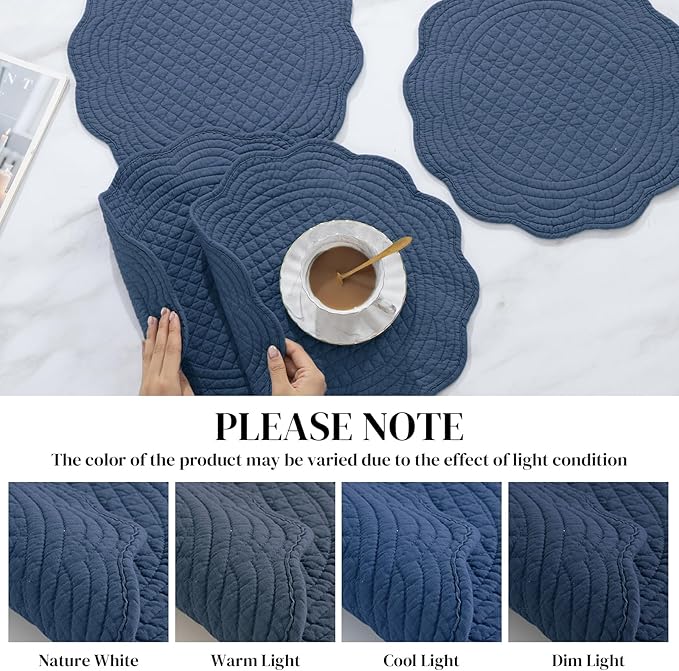 HOMBYS Quilted Placemats Set of 6 Washable Round Placemats for Kitchen Table-100% Cotton Fabric 14 Inch Round Table Mats, Cotton Fabric with Microfiber Filling, (14"x14", Sapphire Blue)