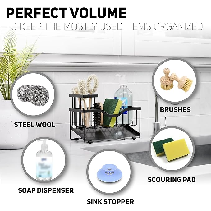 Small Kitchen Sink Caddy Organizer and sponge holder with Suction Cups for Sponge, Brush, Soap Dispenser. Stainless Steel, Minimalist Black, for Sink or Countertop