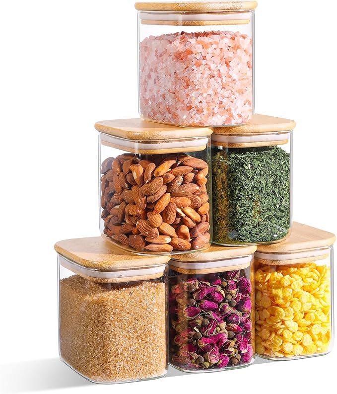 ComSaf 0.7 Qt Rectangle Glass Storage Containers with Lids, Glass Jars with Bamboo Lids, Clear Food Jar, Sugar Coffee Containers, Small Pantry Storage Container for Tea Candy Nuts Spices Oat