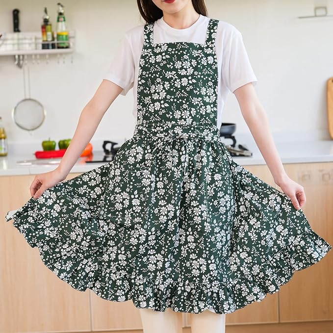 Pinknoke Vintage Pinafore Apron Dress for Women with Pockets Cute Floral Chef Aprons for Kitchen Cooking Baking Gardening
