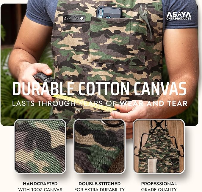 Asaya Chef and BBQ Apron with Bottle Opener and Hand Towel - 10oz Cotton Canvas, Stainless Steel Hardware - Cross Back Straps