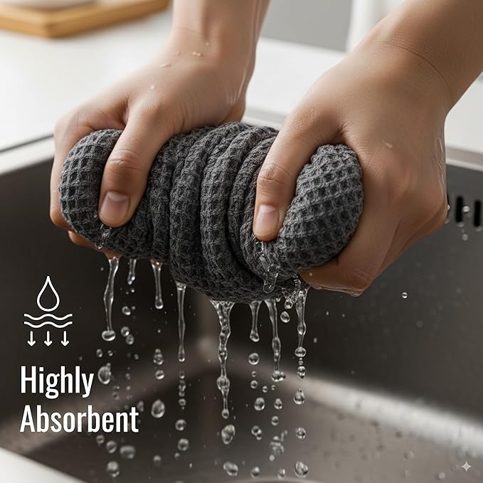 WHITEWRAP Premium Cotton Classic Waffle Weave Kitchen Dish Cloths, 12x12 Inch Ultra Absorbent Lint-Free Dish Towels, Fast Drying Dishcloths for Washing Dishes, 6 Pack, Grey