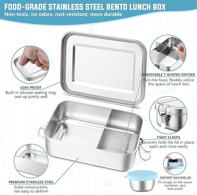 HaWare Lunch Box, 47oz (1400ml) Large Stainless Steel Bento Box with Condiment Container and Carrying Bag, 3 Compartment Food Container for Kids and Adults, Leak-Proof Metal Snack Box, Dishwasher Safe