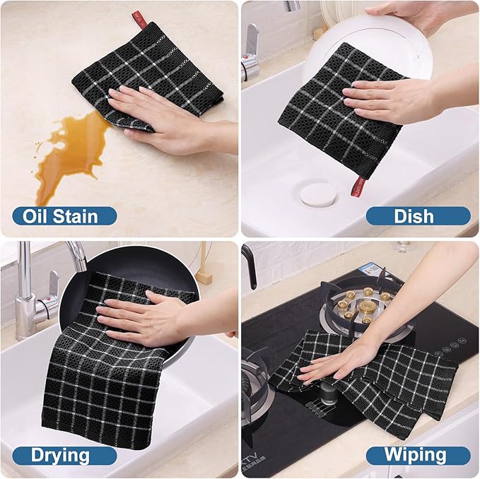 Homaxy 100% Cotton Kitchen Towels 6 Pack-15 X 25 Inches, Check Design Waffle Weave Hand Tea Towels, Super Soft and Absorbent Dish Towel for Drying Dishes, Black&White