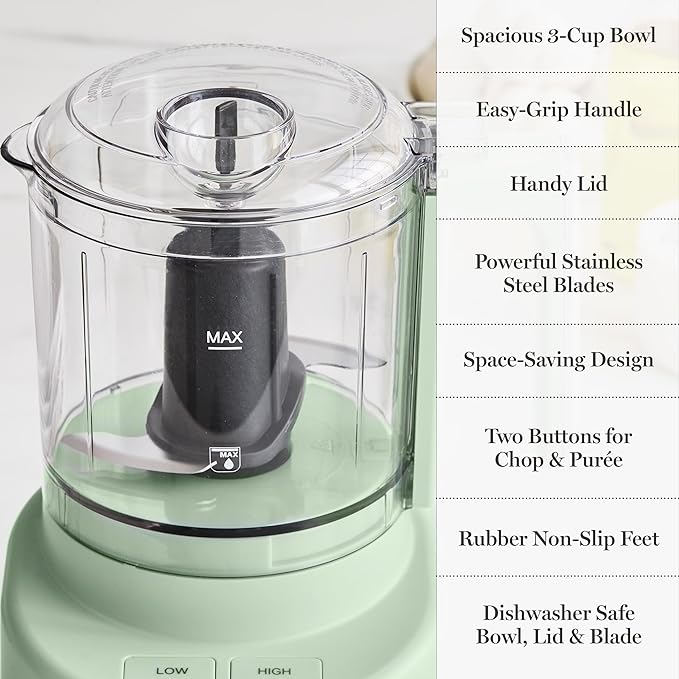 Martha Stewart 3 Cup Food Processor, Electric Vegetable Chopper, Stainless Steel Blades, 24oz BPA-Free Bowl, Pour Spout, Dicing, Mincing, Chop & Puree, Dishwasher Safe, Oil Chute, Easy-Clean, Honeydew