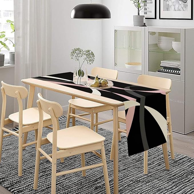 Abstract Pink Table Runner Grey and White Striped Black Background Modern Geometric Kitchen Dinner Runner for Indoor Home Living Room Party Dining Table Decoration 13"x120"