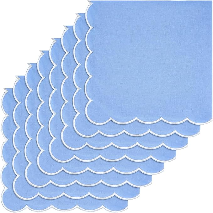 Mindsoft 8 Pcs Blue Wedding Cloth Napkins Scalloped Embroidered Dinner Napkins 100% Cotton Reusable Washable Decorative Table Napkin for Weddings Dinner Restaurant Party Decoration, 18 x 18 Inch