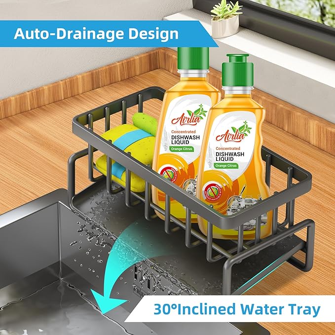 Sponge Holder for Kitchen Sink, Self-Drainage Kitchen Sink Caddy, Rustproof Steel Dish Sponge Organizer with Removable Dishcloth Rack, Soap Dispenser Brush Holder Storage for Bathroom, Black