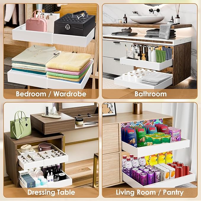 THMINS 2 Pack Expandable Pull Out Cabinet Organizer, 16" Deep Expandable (12.6" - 20.5") 3 Heavy Duty Slide Drawers Pull Out Drawers for Kitchen Storage Cabinet (White)