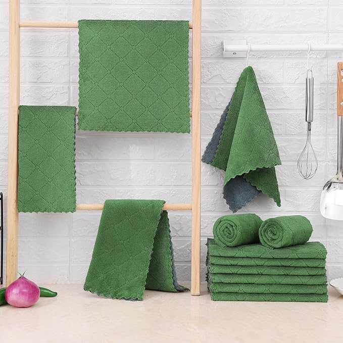 Mordimy 12 Pack Kitchen Towels (20" x 10", Dark Grey & Grass Green), Super Soft and Absorbent Dish Towels, Coral Velvet Microfiber Cleaning Cloth, Nonstick Oil Fast Dry Dish Cloths