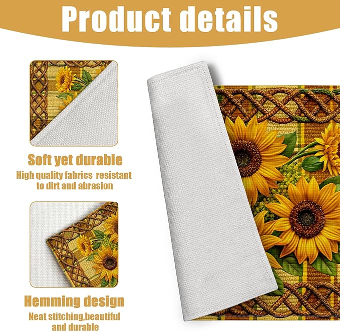 Sunflower Placemats Set of 6, Linen Place Mat Washable Stain Resistant Table Mats for Farmhouse Kitchen Dining Party Wedding Decor 12x18 Inch