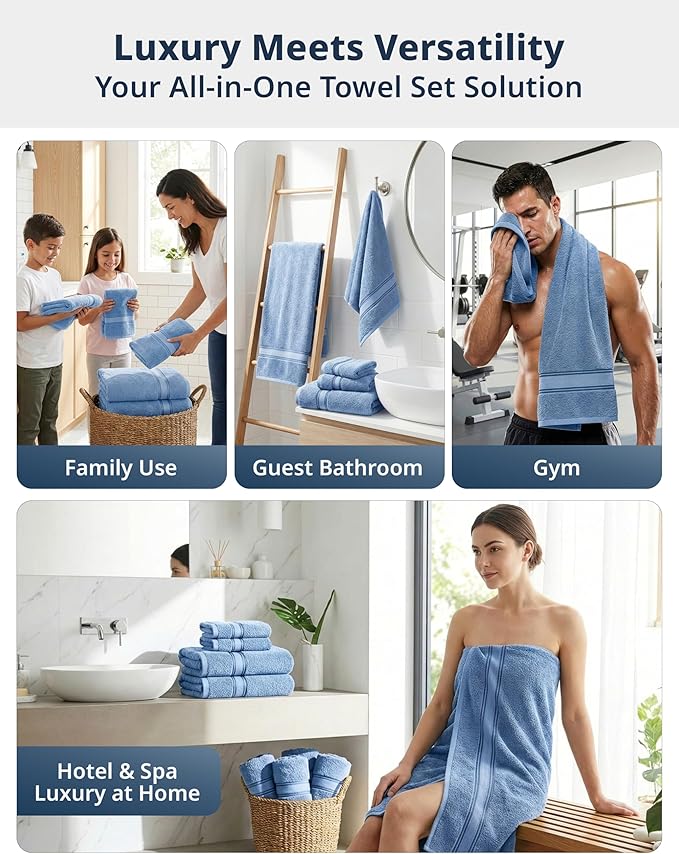 LANE LINEN Bathroom Towels Set of 18 – Zero Twist, 100% Mercerized Cotton Towel, 6 Bath, 6 Handtowel & 6 Washcloths, Luxury Hotel Design, Perfect for Salon & Guests, Machine Washable – Cerulean Blue