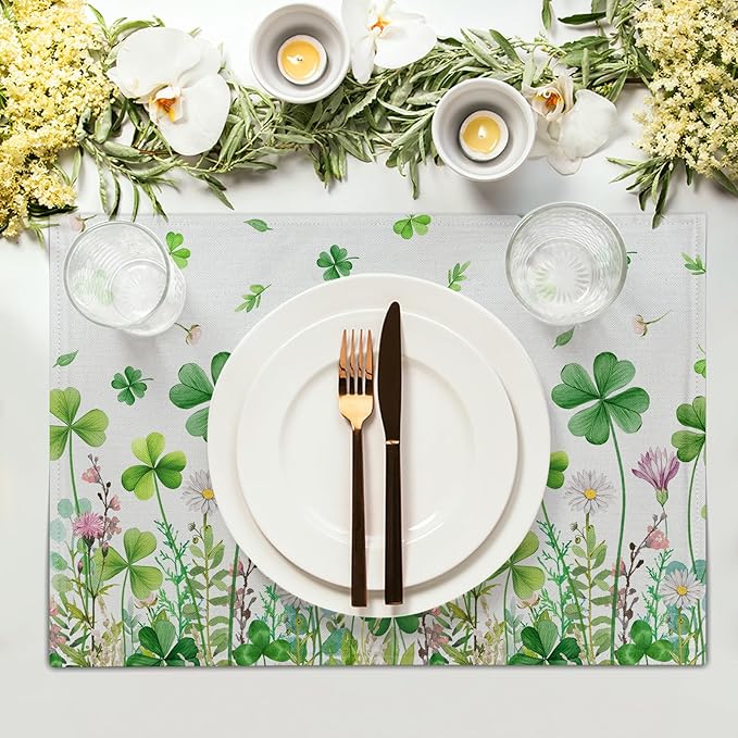 Green Shamrock Placemats Set of 4, 12 x 18 Inch Clover Lucky Floral Heat Resistant Linen Farmhouse Table Dining Place Mats for Seasonal Spring Kitchen Home Decor