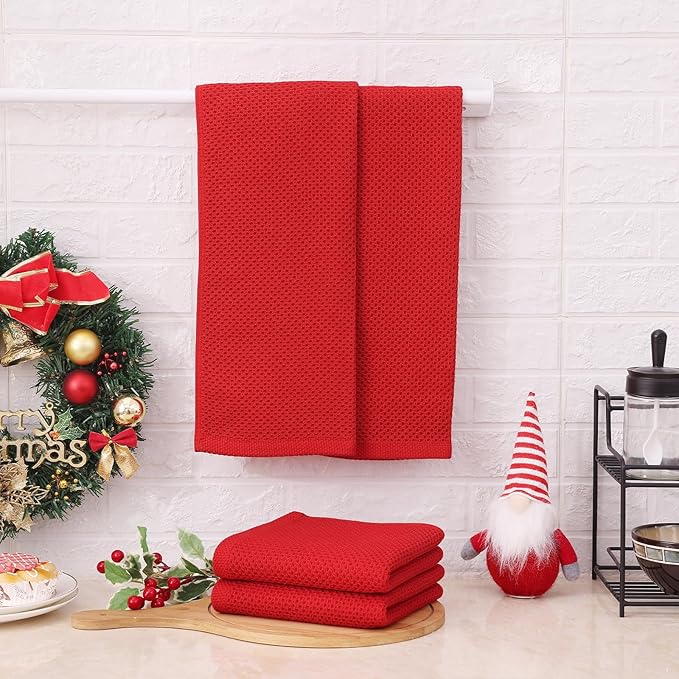 Kitinjoy 100% Cotton Waffle Weave Kitchen Hand Towels (13 X 28 Inches, Red), 6-Pack Super Soft and Absorbent Dish Towel for Drying Dishes