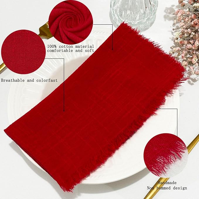 24Pack Red Cloth Napkins 17x17Inch Red Napkins Cloth with Fringe Soft Cotton Cloth Napkins Washable Rustic Dinner Napkins Cloth for Wedding Party Dinner Table