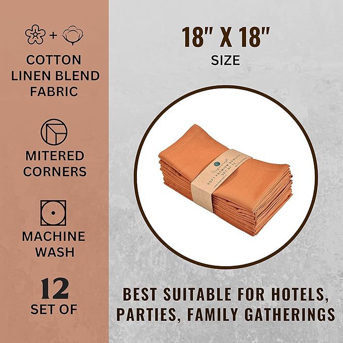 FINGERCRAFT Dinner Cloth Napkin Cotton Linen Blend 12 Pack Natural Premium Quality Mitred Corner for Every Day Use Pre Shrunk and Good Absorbency 18x18 in Easter Color Rust
