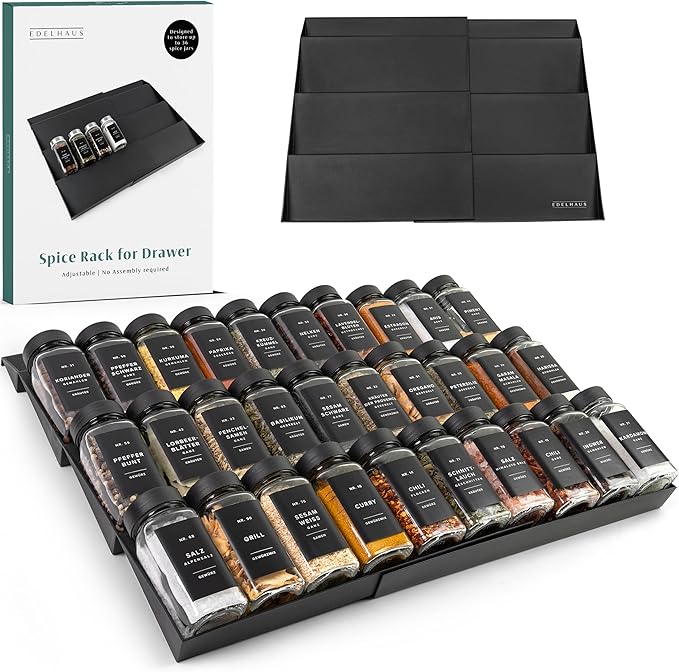 EDELHAUS Spice Drawer Organizer - Expandable Spice Rack for Drawer, Black Seasoning Organizer for Drawer Spice Organizer, Spice Organization Seasoning rack insert for Cabinet (Jars Not Included)