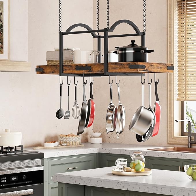 HOOBRO Hanging Pot Rack, 32-Inch Pot Hanger for Kitchen, Hanging Pan Rack with 10 Detachable S Hooks, Sturdy Metal Fram, for Pot, Pan Storage, Space-Saving, Rustic Brown and Black BF80TL01