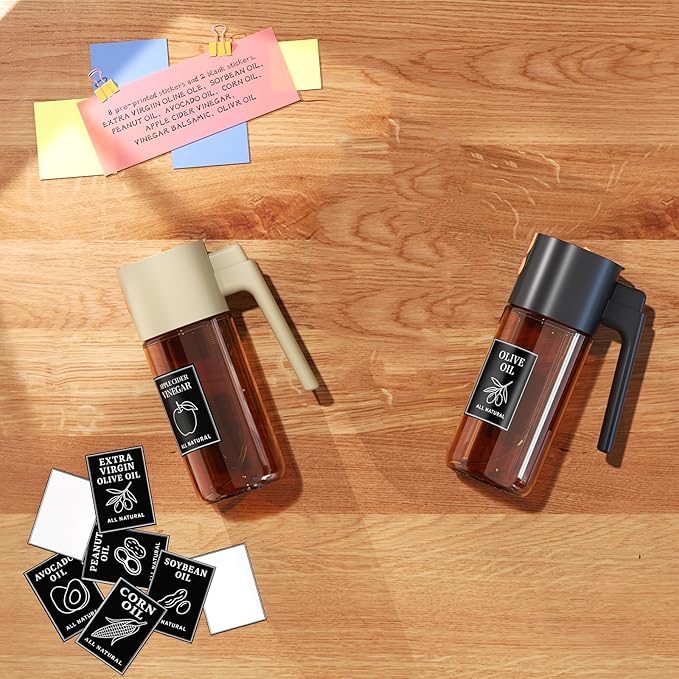 Oil Sprayer Set 16oz/500ml 2 Pack Glass Oil Spray Bottles for Cooking, Kitchen Oil Sprayer Set for Air Fryer Salad Grilling Family Use, UV Resistant Glass（Black+Beige）