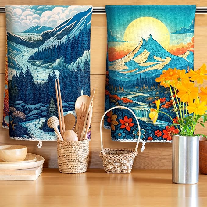 Bencailor 6 Pcs Retro Kitchen Towels 15.7 x 23.6 Inch Farmhouse Vintage Hand Towels Decorative Absorbent Dish Cloth for Bathroom Decor for Cooking Baking Cleaning (Light Color,Sunset)