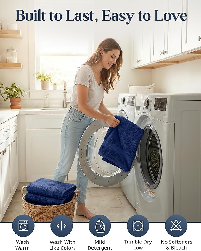 LANE LINEN Luxury Cotton Bath Towel Set - 16 Piece - Low Twist, Soft & High Absorbency - 4 Bath, 8 Wash cloths, 4 Hand Towels - Classic Hotel Quality, Durable & Ideal for Modern Bathrooms - Navy Blue