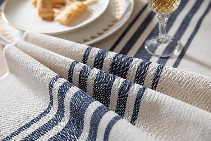 Boho Table Runner for Modern Farmhouse Decor, Dining Table décor 13 x 90 Inch Long with Handcrafted Tassels, Navy Blue and Beige Stripe Table Runner for Home Boho décor
