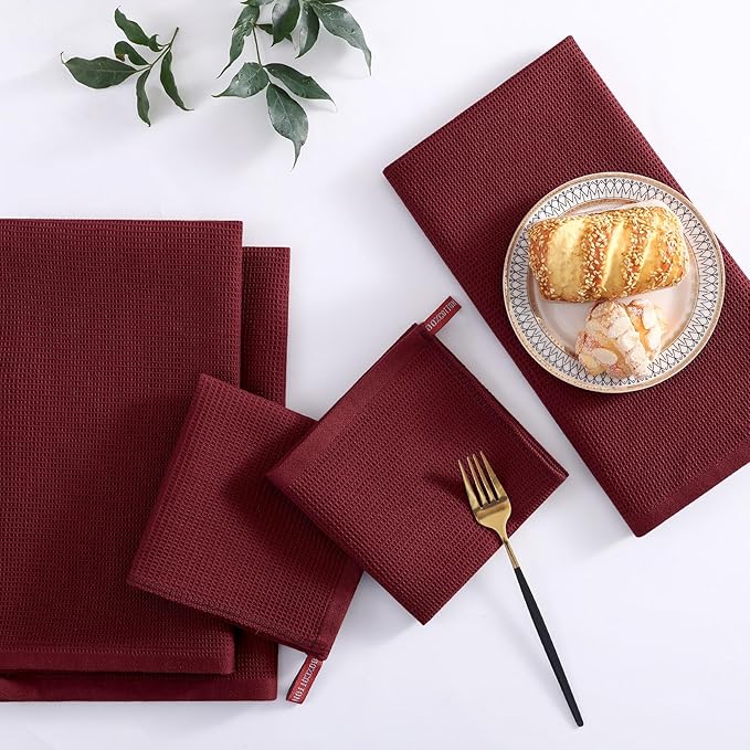 Homaxy 100% Cotton Kitchen Towels and Dishcloths Set - 8 Pack Waffle Weave Soft and Absorbent Dish Towels - 26 X 16 Inch and 12 X 12 Inch - Burgundy