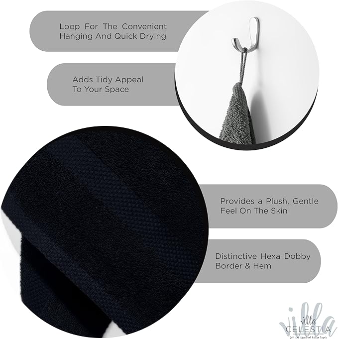 100% Cotton Wash Cloth for face & Body Set of 6, (12 x 12 inches) Sustainable, Soft, Highly Absorbent, Combed Cotton Wash Cloths Pack of 6 for Hotels, Spa, Bathroom, Dorm, Black
