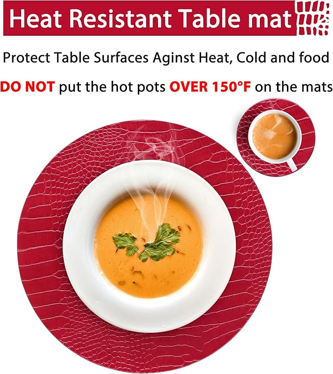 Jovono Round Leather Placemats for Round Tables Set of 6, Red Place Mats and Coasters, Wipeable Waterproof Heat Resistant Table Mats Easy to Care for Indoor Decor 14 inch Diameter