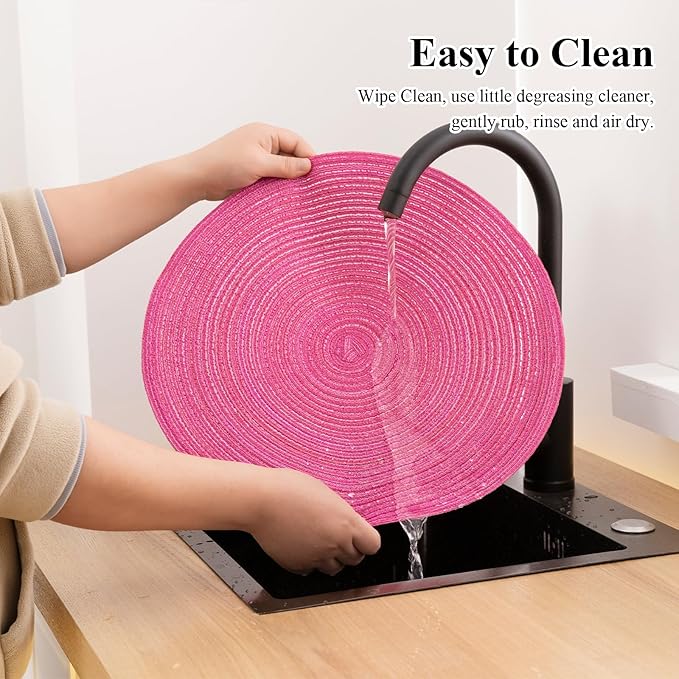 SHACOS Round Placemats Set of 8 Braided Cotton Polyester Table Placemat 15 inch Circle Place Mats for Kitchen Dining Table Holiday Party (Hot Pink, 8)
