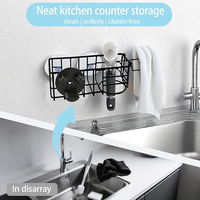 Sponge Holder Smile Face with Dish Cloth Hanger for Kitchen Sink, In-sink Caddy Organizer with Suction Cups & Adhesive Strips, Rustproof Sponge Rack for Soap, Brush, Scrubber - Black（3 Pack）