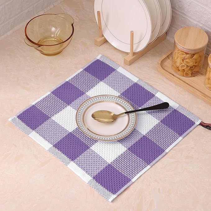Mordimy 100% Cotton Waffle Weave Plaid Dish Cloths, 12 x 12 Inches, Super Soft and Absorbent Quick Drying Buffalo Check Dish Rags for Kitchen, 6-Pack, Purple & White