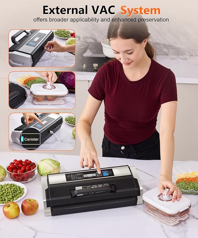 95KPa Vacuum Sealer Machine- Fully Automatic Commercial Food Sealer with 10-in-1 System, Double Heat Seal, Easy-Lock Handle & Built-in Cutter, Includes 1 Roll + 15 Bags (Black Silver)