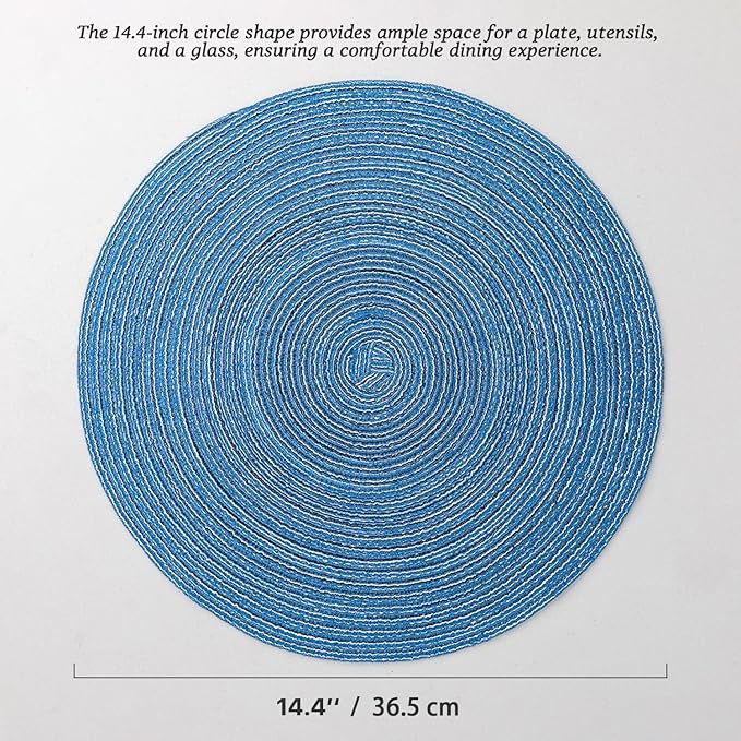 Round Placemats Set of 12 Woven Placemats Washable Braided Table Mats for Dining Table Heat Resistant Non-Slip Circle Place Mats(Mid Blue)